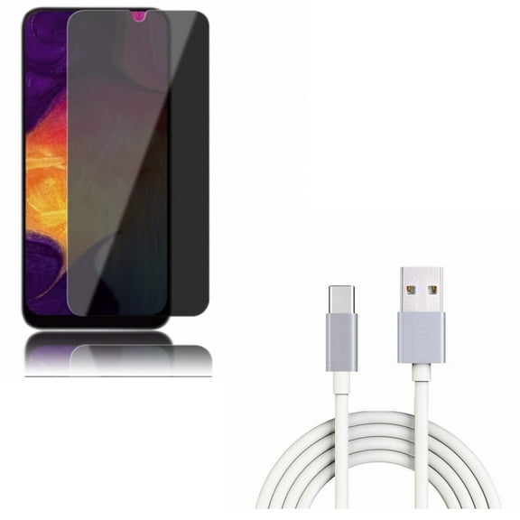 Galaxy A50/A20 Tempered Glass Privacy Screen Protector w Type-C 6ft USB Cable - Anti-Spy Anti-Peep 3D Edge, Charger Cord Power Wire for Samsung Galaxy A50/A20