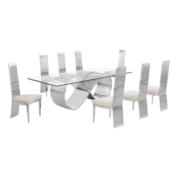 Best Quality Furniture 94" x 46" Clear Glass Dining Set w Boucle Fabric Chairs