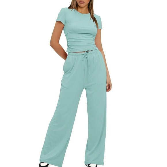 FAIWAD Women's 2 Piece Lounge Sets Short Sleeve Crop Tops Straight Leg Pants Set Comfy Stretch Casual Tracksuits