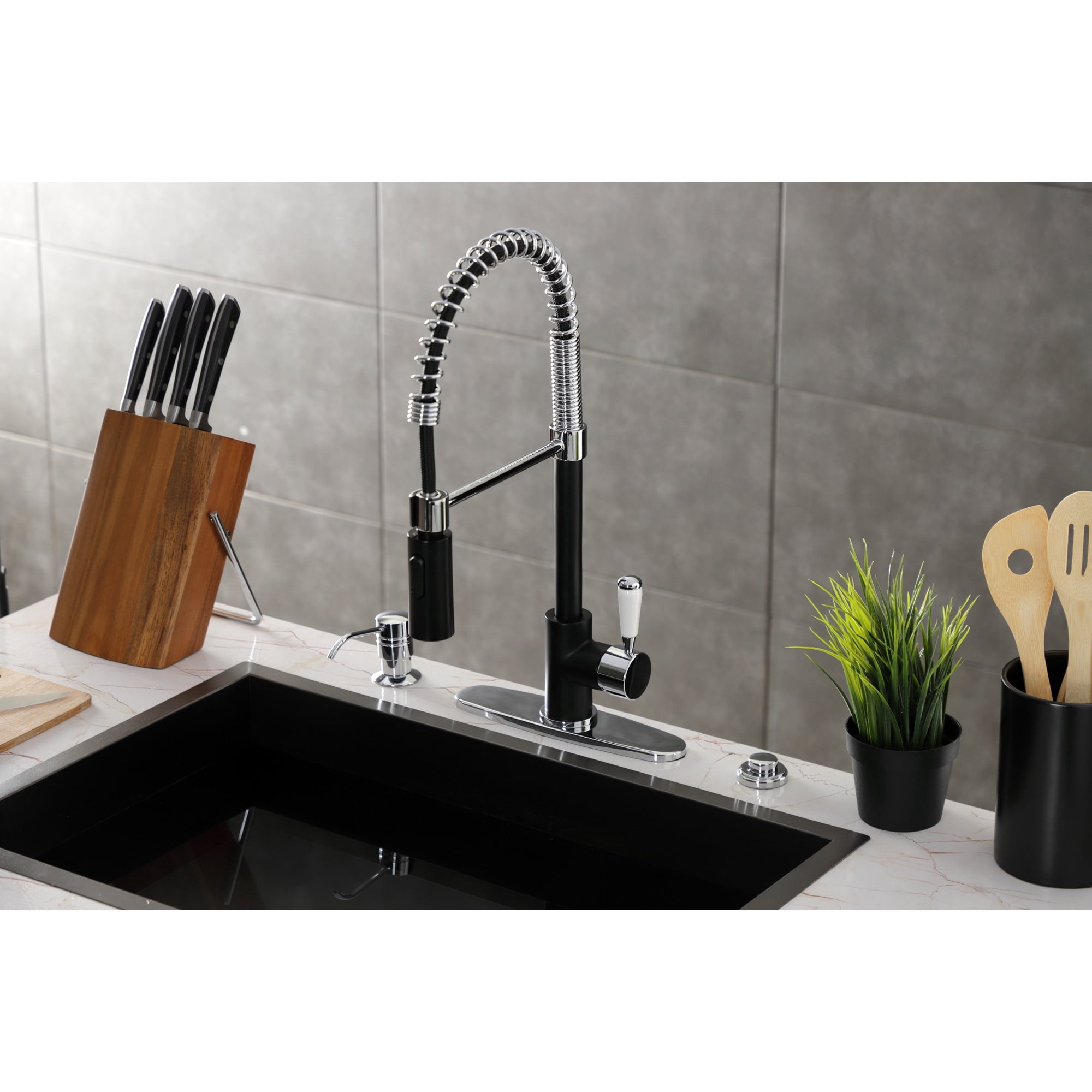 Gourmetier LS8777DPL Paris Single-Handle Deck-Mount Pre-Rinse Kitchen Faucet, Matte Black/Polished Chrome
