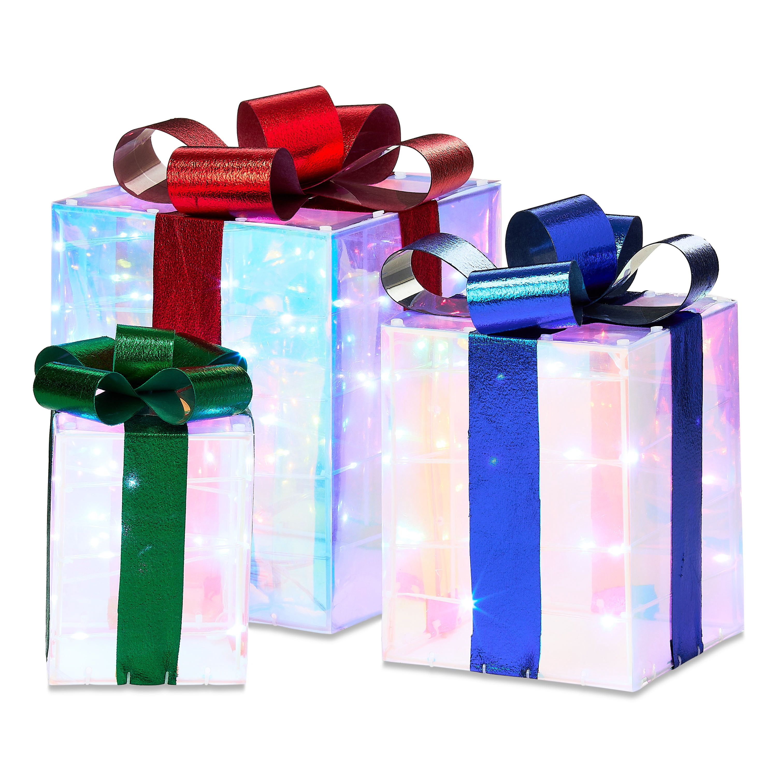 Indoor/Outdoor Light-Up Prismatic Gift Boxes Christmas Decoration with 80 LED Lights, Cool White, Set of 3, by Holiday Time