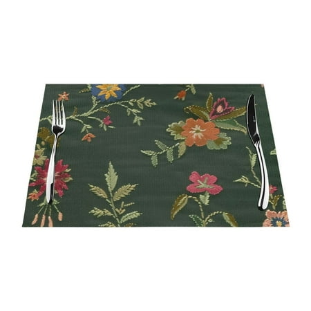 

Intricate floral embroidery on dark green fabric Dining mat washable heat-resistant indoor/outdoor dining mat vinyl woven non slip dining mat for restaurant table protection PVC dining mat