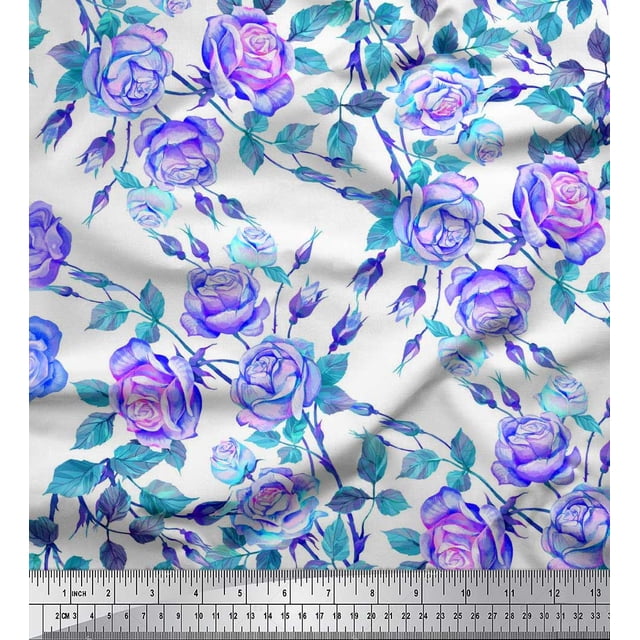 Soimoi Poly Georgette Fabric Leaves & Rose Flower Print Sewing Fabric Yard 42 Inch Wide