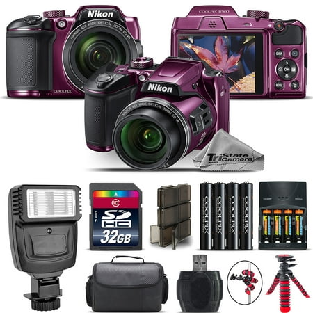 Nikon COOLPIX B500 Plum Camera 40x Optical Zoom + Flash + Case - 32GB Kit Bundle