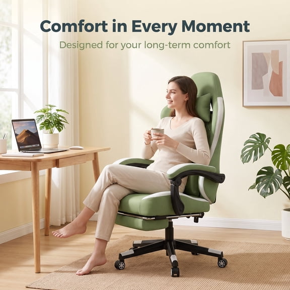 Mr IRONSTONE High Back Fabric Gaming Chair with Massage, Big & Tall Ergonomic PC Desk Chair with Extra Deep Seat and Footrest, Green