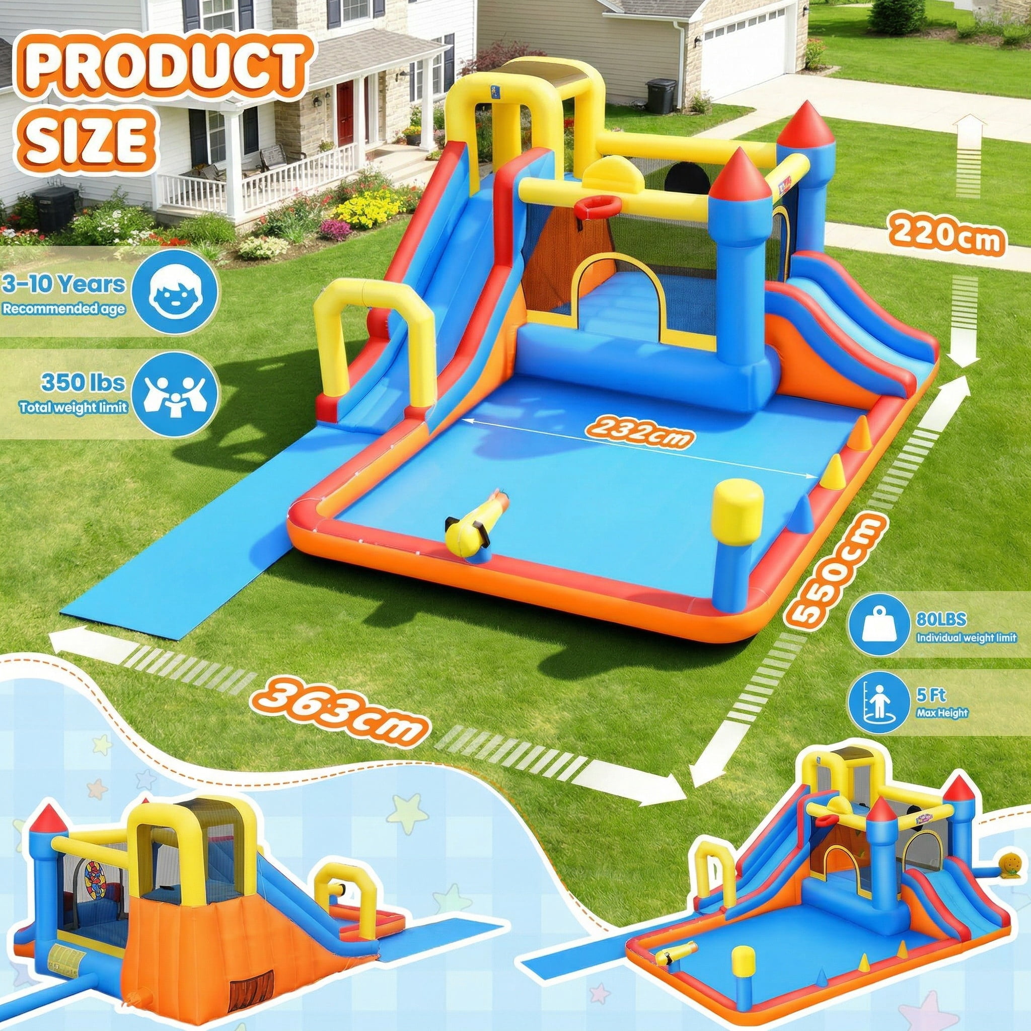 Adnoom Inflatable Water Slide, 12-in-1 Water Park Bounce House for Big Kids, Outdoor Bouncy House with Dual Slides, Big Splash Pool, Water Cannon for Backyard/Party, Jumping Castle with 550W Blower