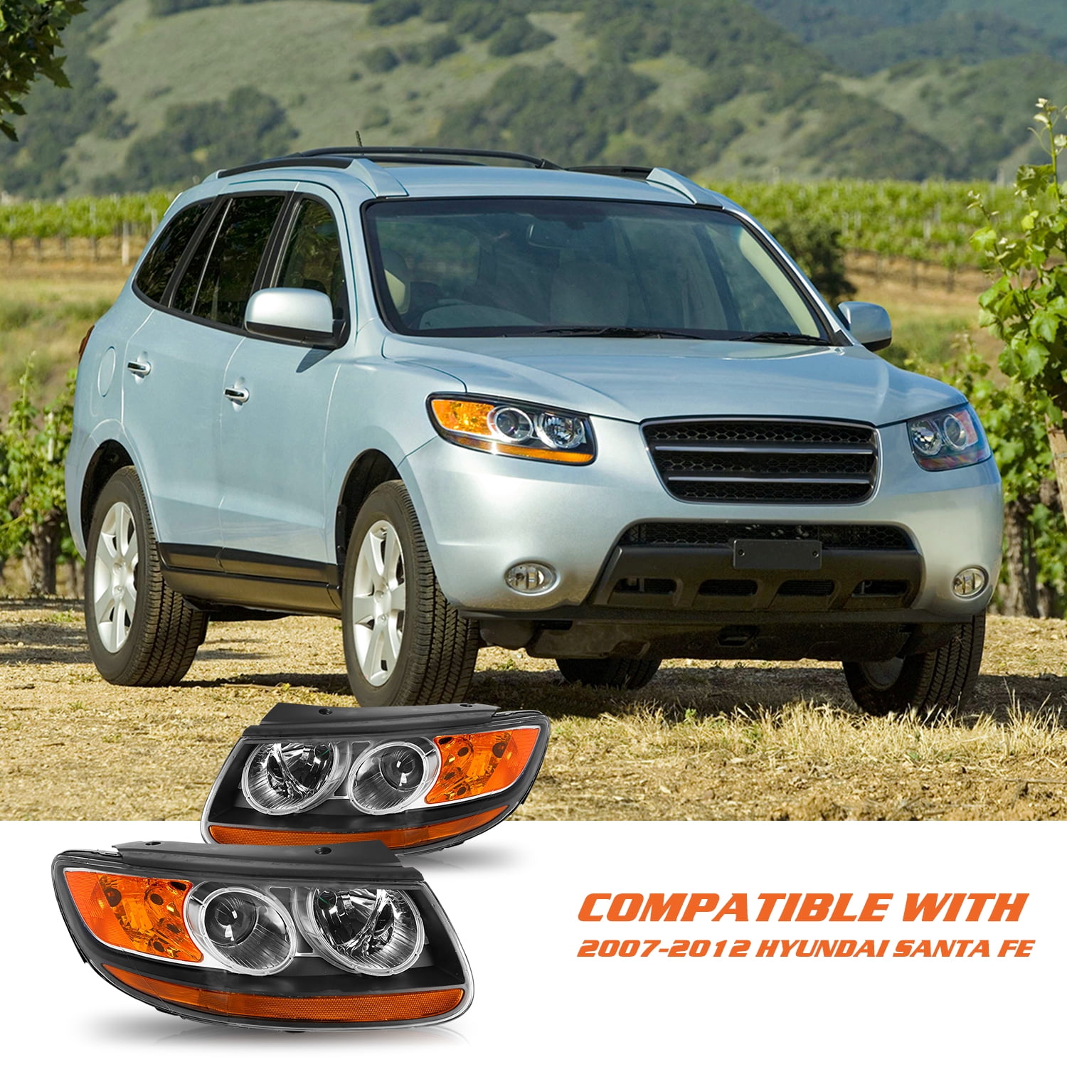 For 2007-2012 Hyundai Santa Fe 6pin Halogen 2pcs Headlights Black Amber Headlamps Assembly 07-12