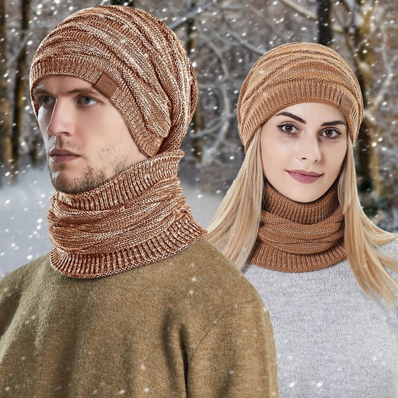 siminsem Unisex 2 in 1 Winter Hat Scarf Set Hooded Knit Beanie with Fleece Lining - Windproof Balaclava Neck Warmer for Men Women Ski Cold Weather One Size, Khaki,One Size