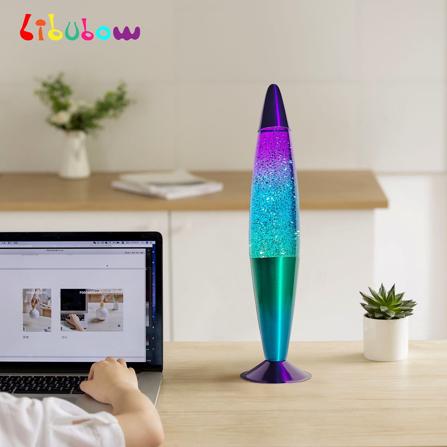 Libubow 16 Inch Aurora Glow Glitter Night Light, 2 Bulbs, Silver Glitter Clear Liquid