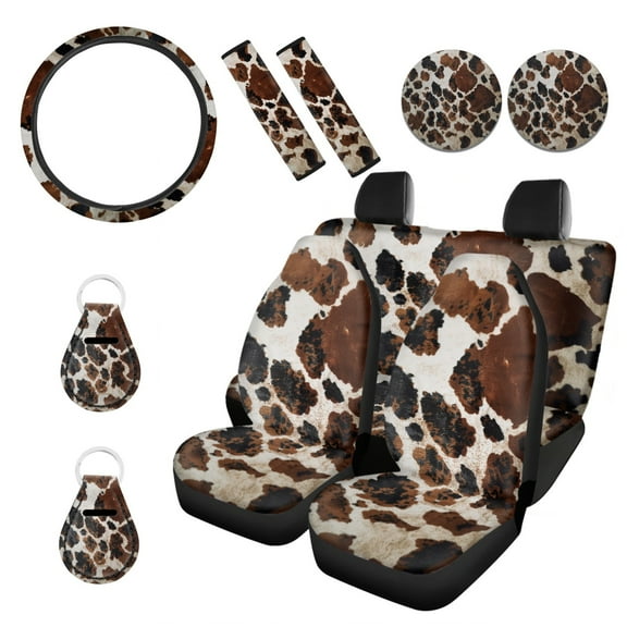 Renewold Brown Beige Cow Print Car Seat Cushion Covers Set of 11, with Front and Back Seat Protector, Soft Comfy Steetring Wheel Covers Seatbelt Cover Coaster Key Ring Universal Fit Most Cars Sedans