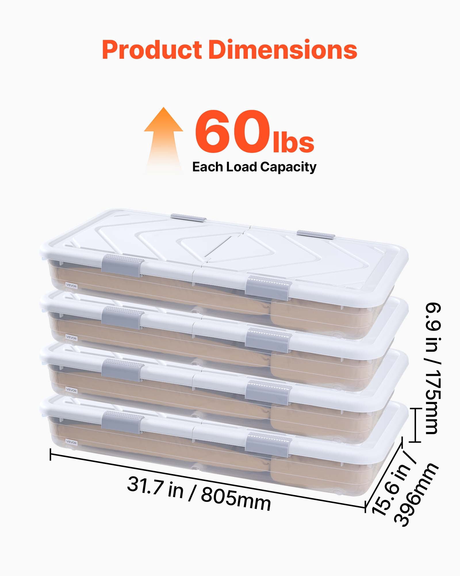 VEVOR Under Bed Storage with Wheels, 31.7 x 15.6 x 6.9 inch Underbed Containers, Underbed Shoes Organizer with Lid & Gray Latch, Rolling Under the Bed Storage Bins for Clothes Shoes Blankets, 4 Pack