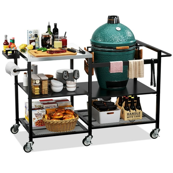 TCFUNDY Grill Cart for Big Green Egg Style BBQ, Heavy Duty Metal Outdoor Grill Station Prep Table with 2 Layer Storage Space, Tools Hooks, Paper Towel Rack, Wheels with Brakes