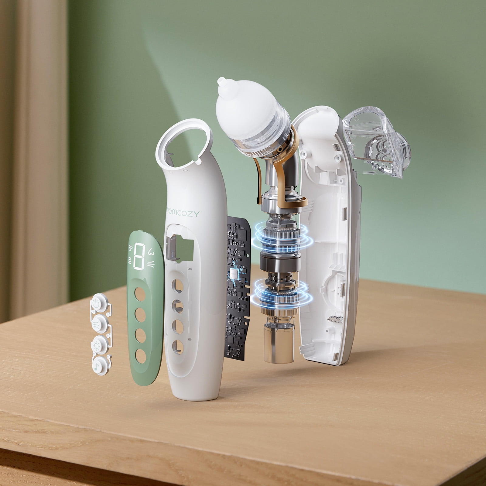 Momcozy BreezyClear™ 2-in-1 Electric Nasal Aspirator with Spray, Nasal Aspirator for Baby, 65kPa Nose Sucker with 4 Adjustable Suction Levels, Portable Electric Nose Cleaner, Light & Music Soothing