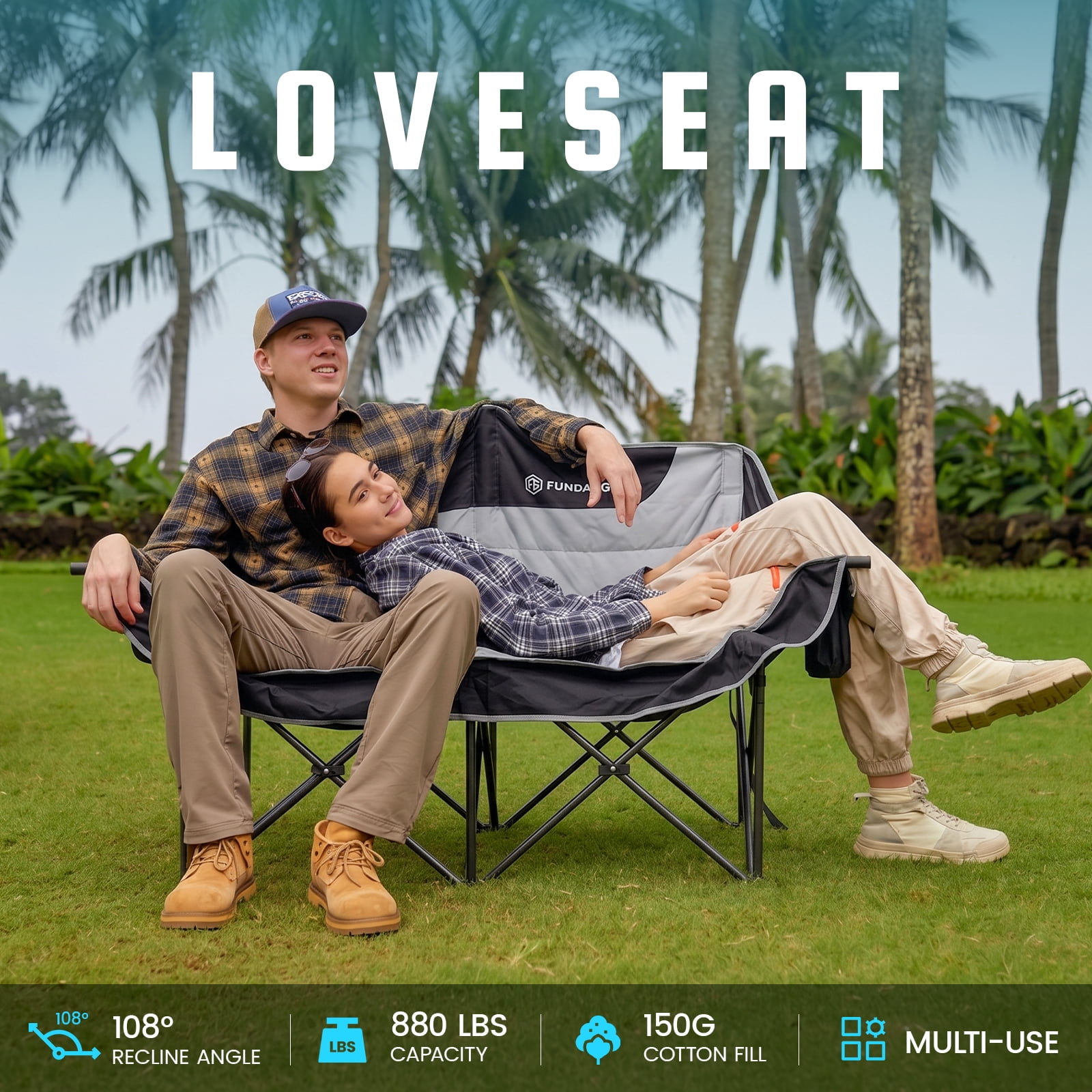 FUNDANGO Oversized Fully Padded 2 Person Loveseat Chair, Folding Double Camping Chair for Adults, Heavy Duty Outdoor Loveseat Chair with Side Table, Portable Double Camping Couch, Black-Grey