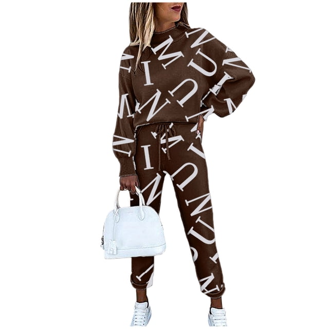 Gibobby Conjunto de sudadera para mujer E Impreso 2 de manga larga para mujer Tops Joggers de pieza Traje con cordón Trajes y conjuntos de mujer(Café,G)