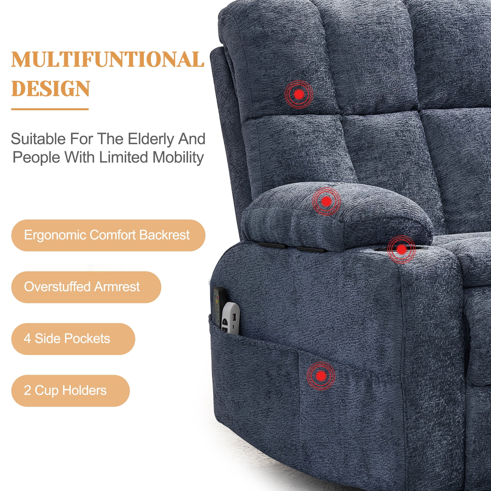 Korser Oversized Dual Motor Power Lift Recliner for Elderly with Adjustable Headrest,Massage Recliner Chair with USB Ports & Type C Electric Lift Chair with Storebox Cupholder for Living Room,Blue