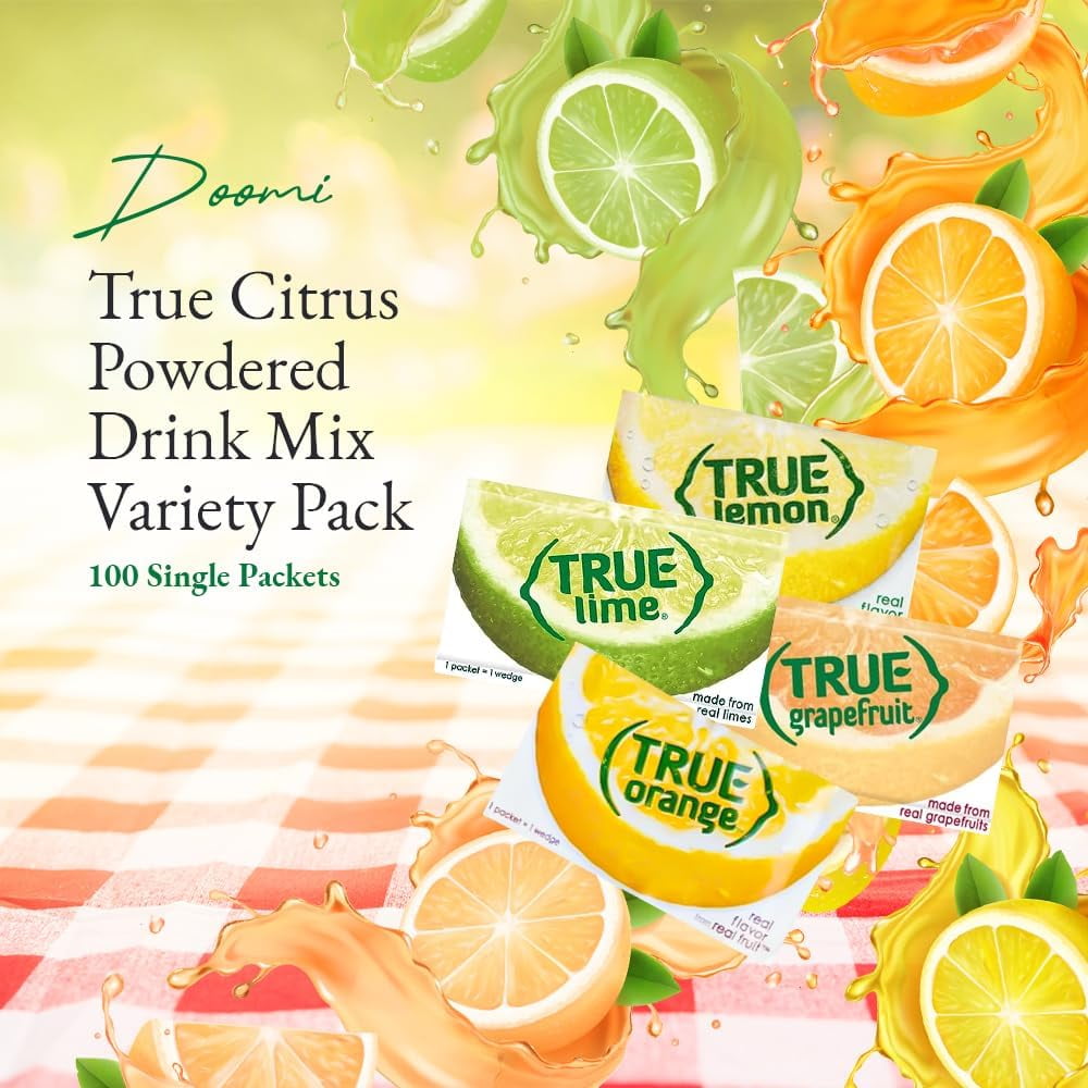 (100 Pack, 25 Each) True Lemon, True Lime, True Orange, True Grapefruit, Packaged by BOLT BOX - On-The-Go Powdered Drink Mix Water Enhancer Variety Pack, Zero Calorie Unsweetened Water Flavoring
