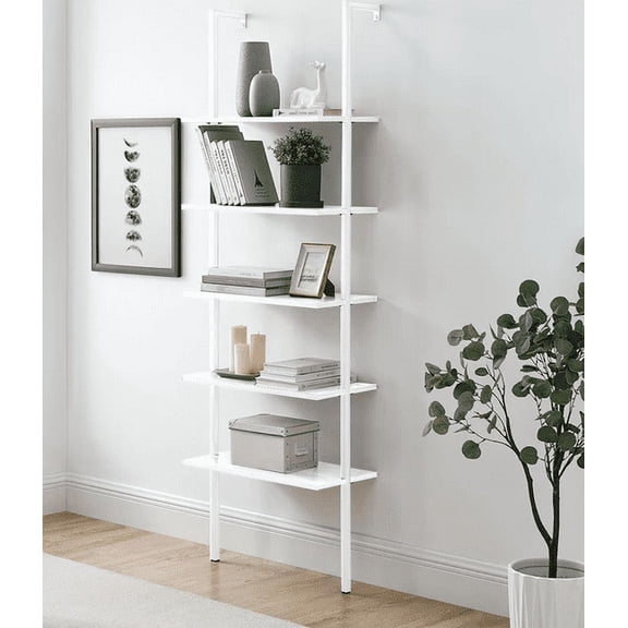 Winado Wall Mounted 5-Shelf Bookshelf, Wood Open Ladder Bookshelf with Metal Frame, Whie Finish