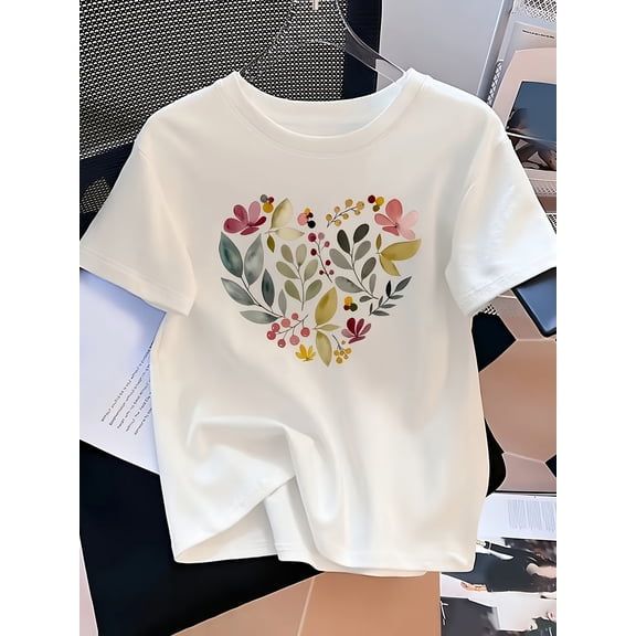 SHESIINN Women’s Heart Floral Letter Print Loose Round Neck Short Sleeve Casual T-Shirt, Machine Washable All-Season Versatile Fun Pattern Trendy Comfortable Top