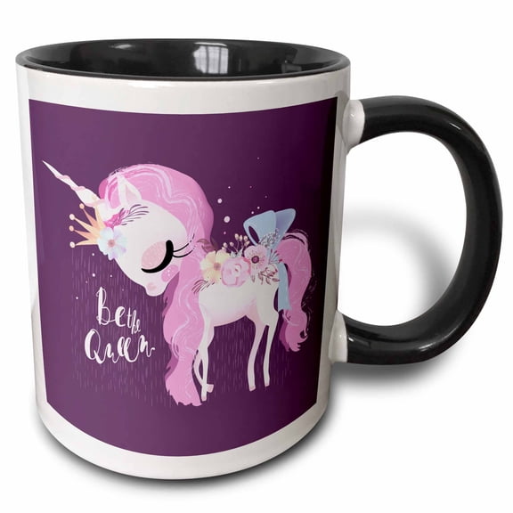 3drose, Cute Black Flower Unicorn Illustration and Typography - Be the Queen, 11oz Two-tone Black Mug