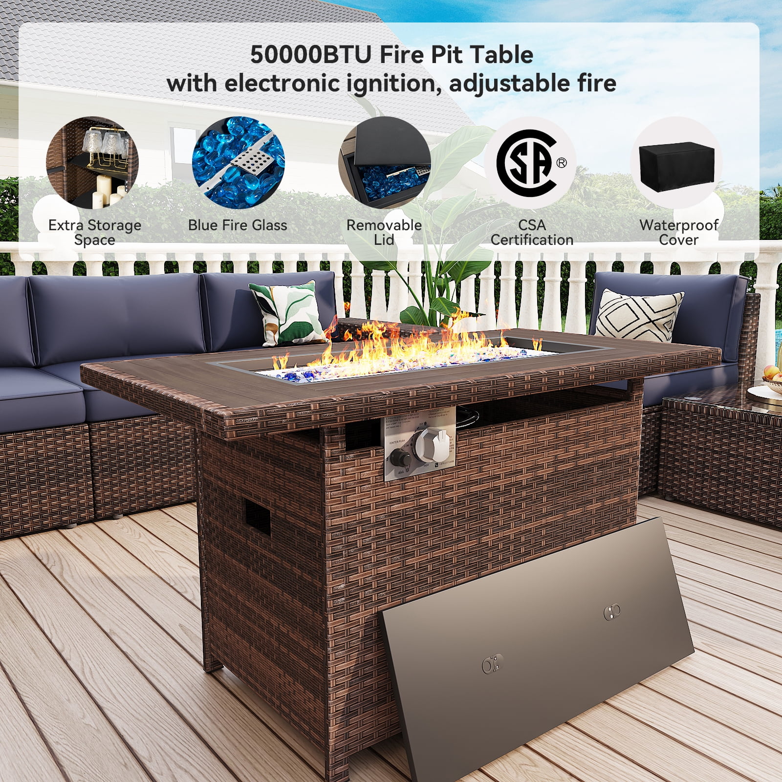 unmthink 13-Piece Rattan Sectional Patio Furniture Set with Fire Pit Table, 2 Coffee Tables, Blue