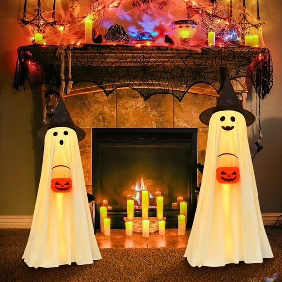 Anvora 2Pcs Light Up Hanging Ghost Halloween Decor with Witch Hat & Pumpkin Bucket, White Fabric Glowing Ghost Ornaments for Front Porch Tree, Yard Garden Indoor Outdoor Party Supplies