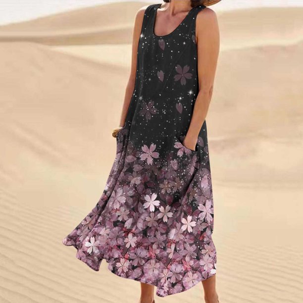 ICHUANYI Clearance Women's Summer Fashion Casual Printing Sleeveless Round Neck Pocket Dress(Black, M) ICHUANYI WER2023081112873