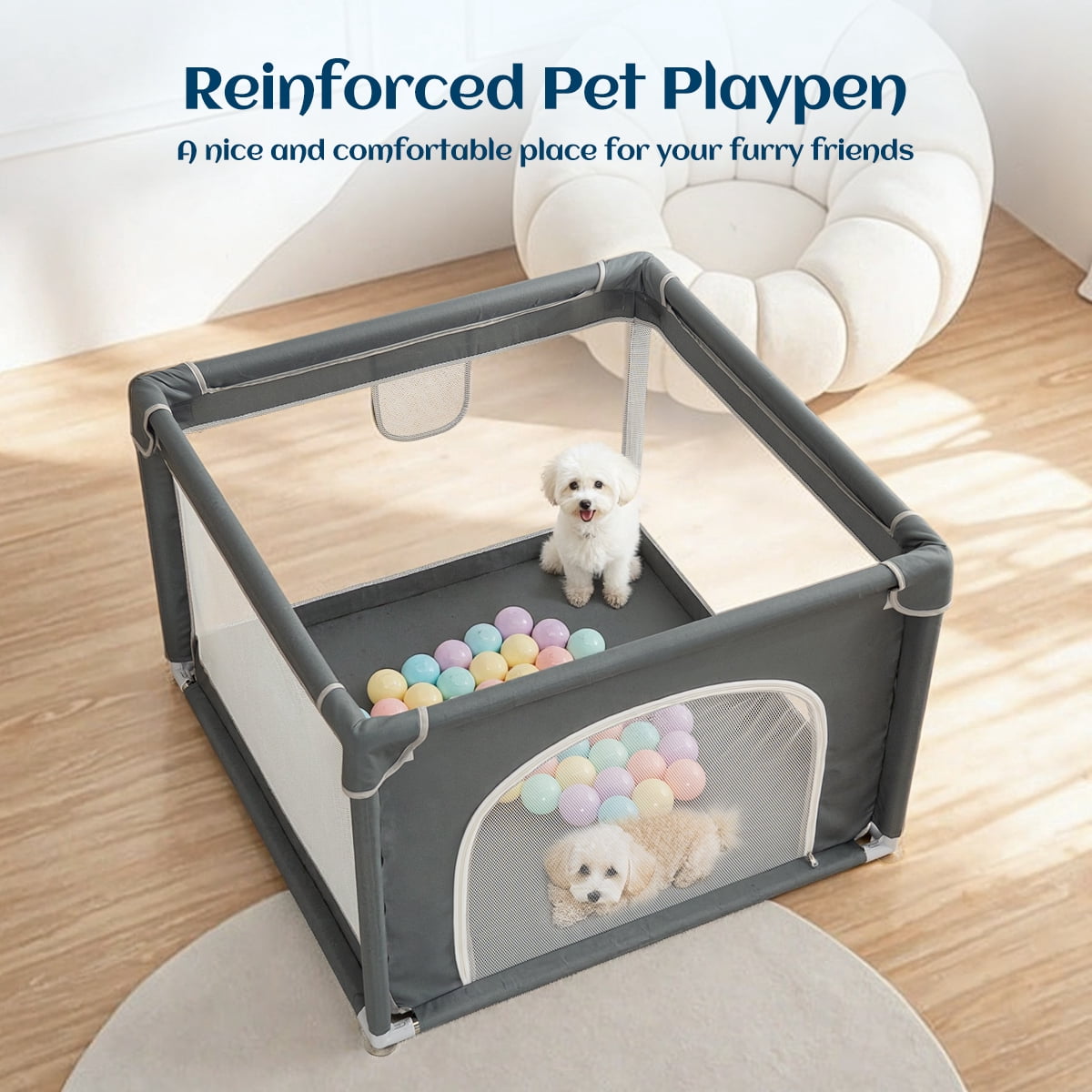 Dog Playpen, 36 x 36 x 27 Inch Portable Indoor Pet Playpen with Soft Mesh and Sturdy Frame, Gray