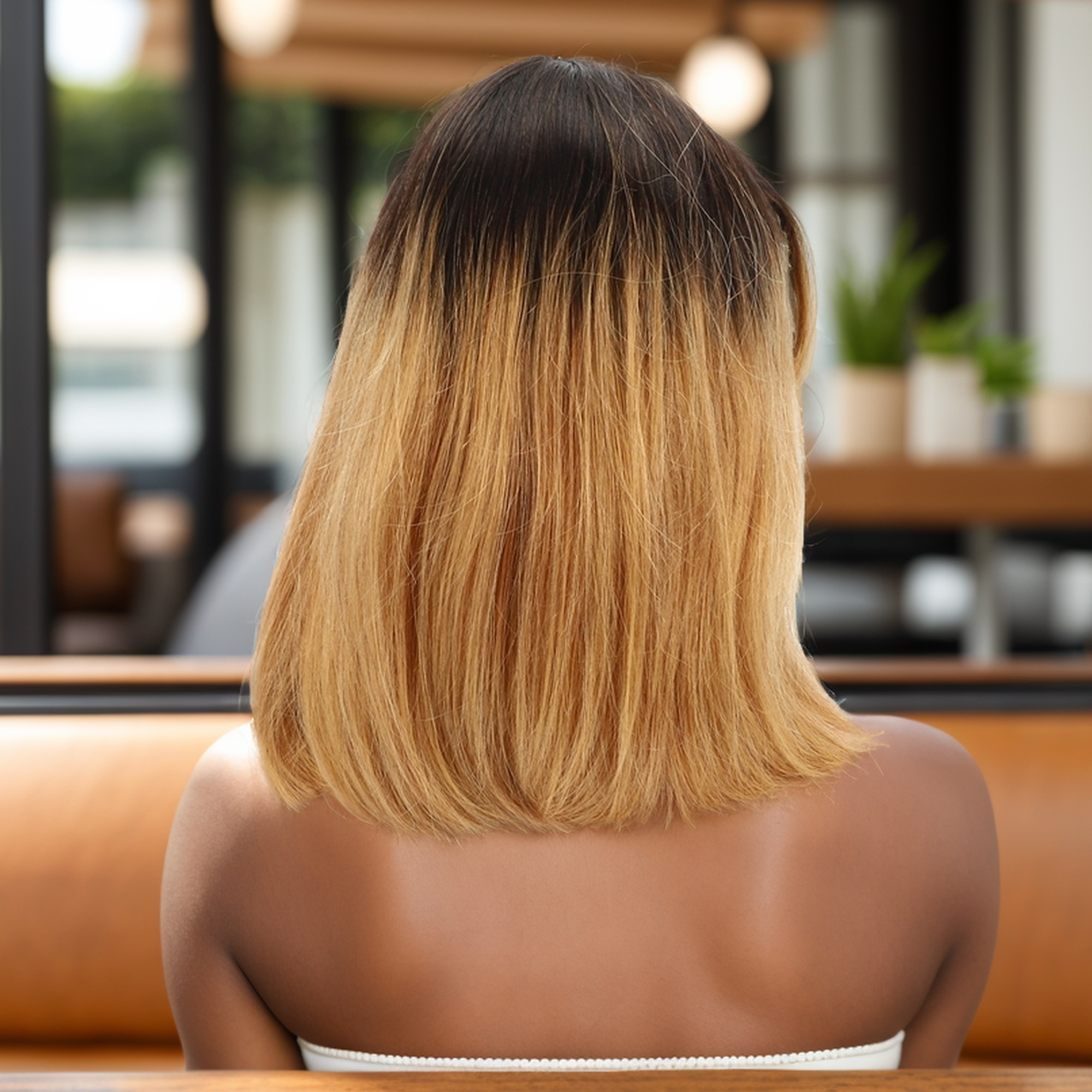 Unique Bargains 1 Pc Straight Long Hair Hair Wig Real Human Hair 12in 4x4in 180 Human Wig Yellow Black for Women