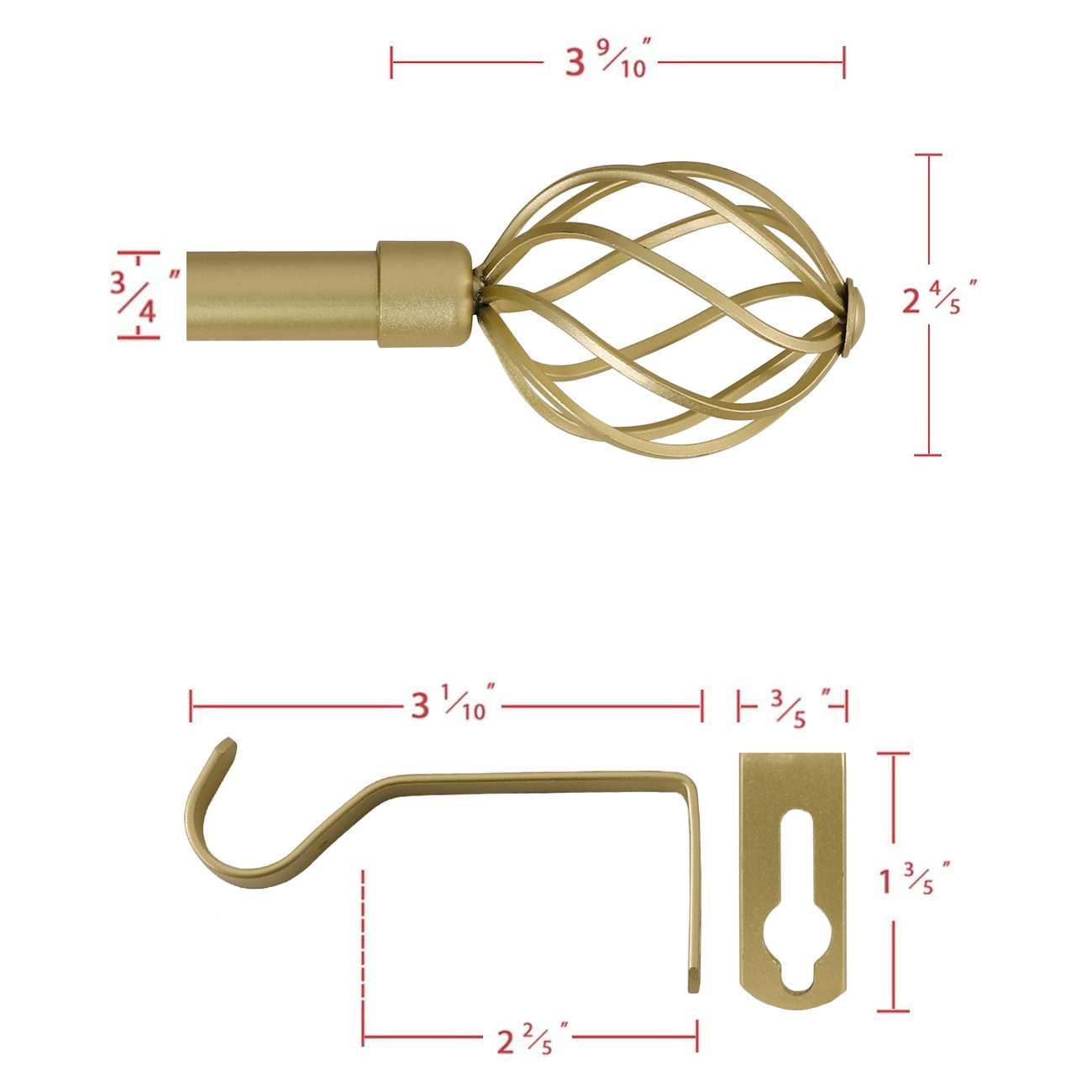 H.VERSAILTEX Adjustable Twist Cage Single Curtain Rod Set 3/4in Diameter 66-120in , Gold