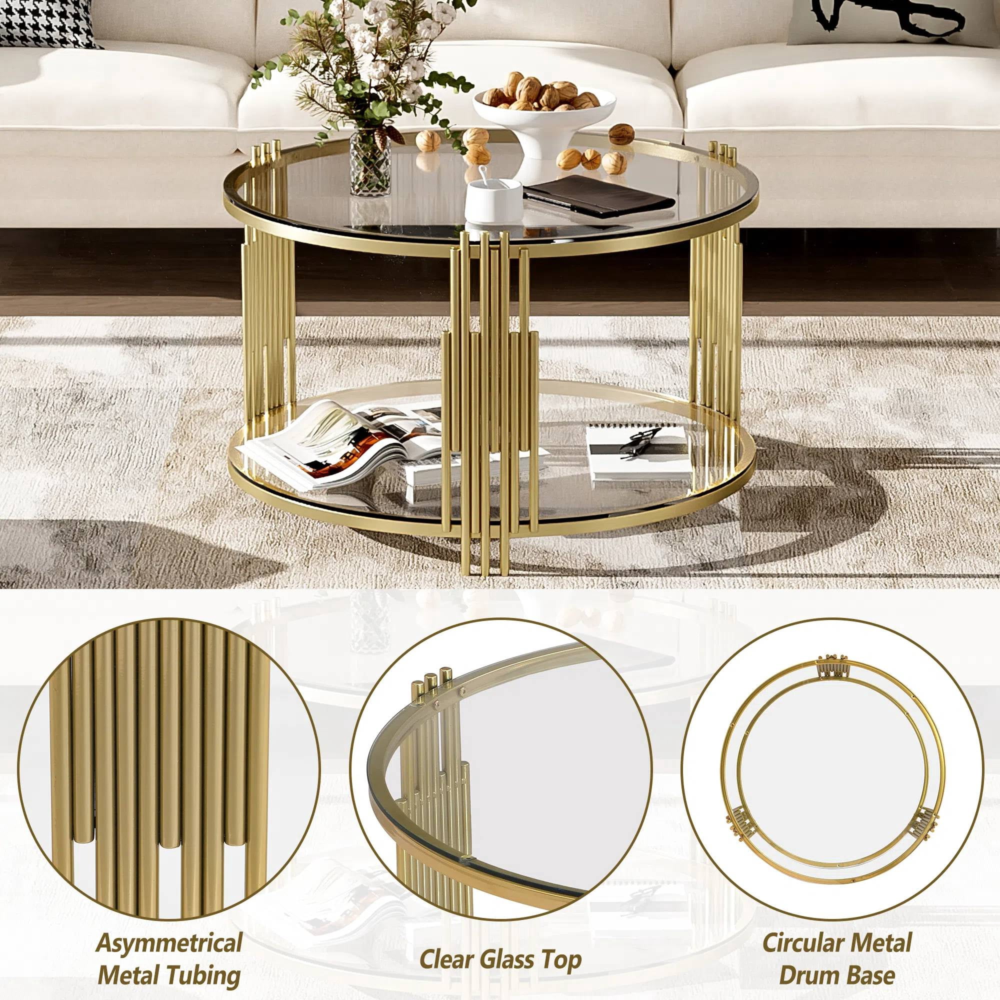 EUROCO 31.5" Round Coffee Table,Modern Tempered Glass Tea Table with Metal Base,Gold Finish and Lower Shelf,2 Tier Circle Dining Table for Study Room Reception Room,Transparent
