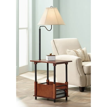 Regency Hill Marville Mission Rustic Farmhouse Floor Lamp with End Table 55" Tall Wood Open Crate Swing Arm Off White Empire Shade for Living Room