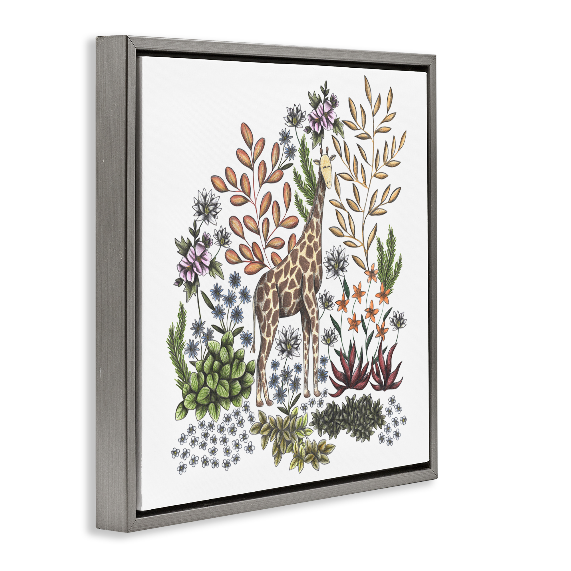 Jungle Wildlife Giraffe Gray Framed Floater Canvas Wall Art, design by Cecilia Battaini