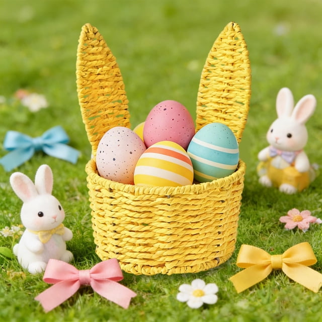 Paper Cord Woven Rabbit Ear Flower Basket, Handwoven Sturdy Easter Decorative Basket, Cute Multi-Purpose Floral Arrangement Gift Storage Bin for Home Party Holiday