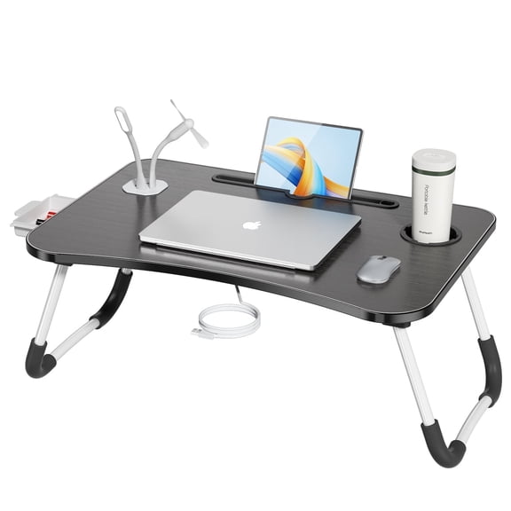 Foldable Laptop Desk for Bed, Bed Tray Table with 4 USB Ports, Cup Holder and Draw, Bed Standing Table for Working Reading Writing, Eating for Bed Sofa Couch Floor, with Mini Lamp & Fan