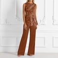 thumbnail image 4 of Solid Color Summer Elegant Long Sleeve Crew Neck Lace Chiffon Floral Top and Wide Leg Pants Two Piece Outfit for Women Wedding Guest Plus Size Brick Red XXXL, 4 of 5