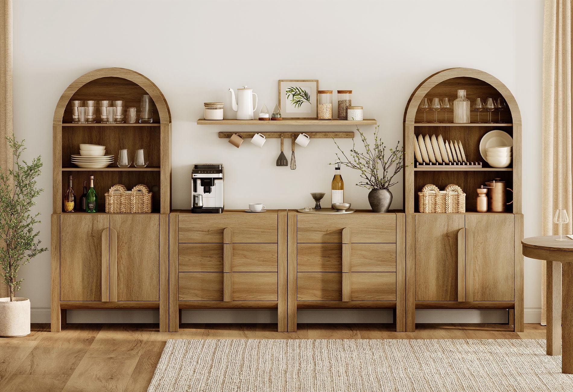 126"W Large Kitchen Hutch Sideboard Buffet Cabinet, Arched Pantry Storage Cabinet with 4 Wood Doors, 6 Drawers And 10 Tier Shelves