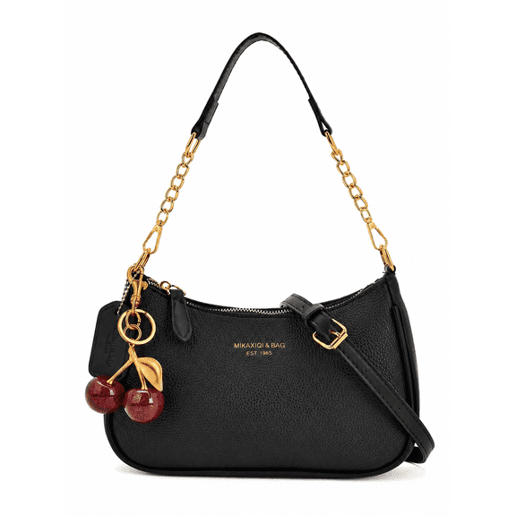 REMANLAND Women's Cherry Charm Hobo Shoulder Bag, Black Leather