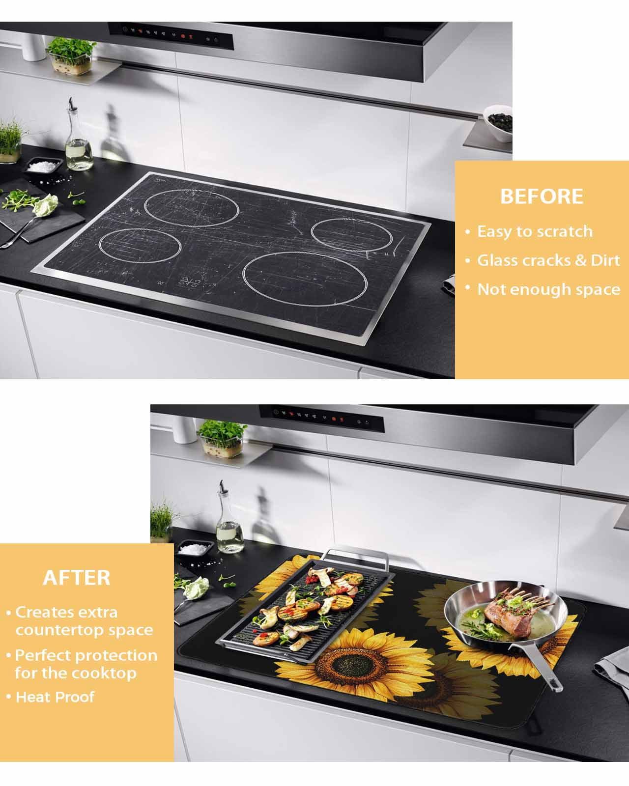 nqOlkjepod Large Induction Cooktop Protector Mat 24"x21", Spring Sunflower Stove Top Covers for Electric Stove, Black Vintage Abstract Painting Stove Burner Cover Mats, Glass Top Stove Cover