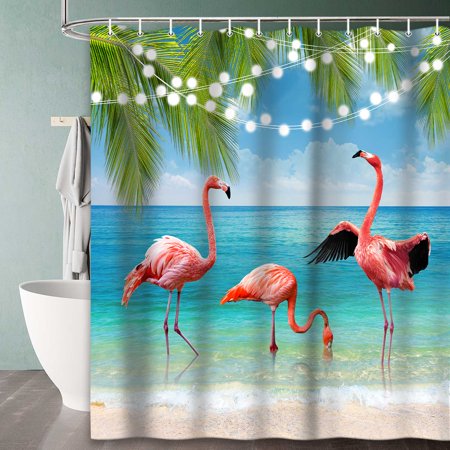 Tropical Flamingo Shower Curtain,Coastal Beach Curtain With Green Plants Summer Fabric Bathtub Decor + Hooks 72 X 72Inch