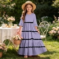 thumbnail image 7 of Girls Summer Maxi Dress Kids Striped Short Sleeve T-Shirt Dress for School Casual Dress with Pockets Purple 7-8 Years, 7 of 7