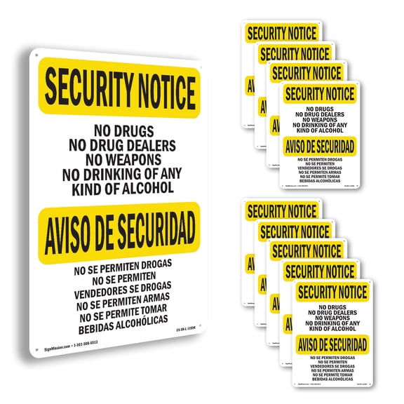 No Drugs Dealers Weapons Bilingual OSHA Security Notice Aluminum Sign 18 Inch x 12 Inch - 10 Pack