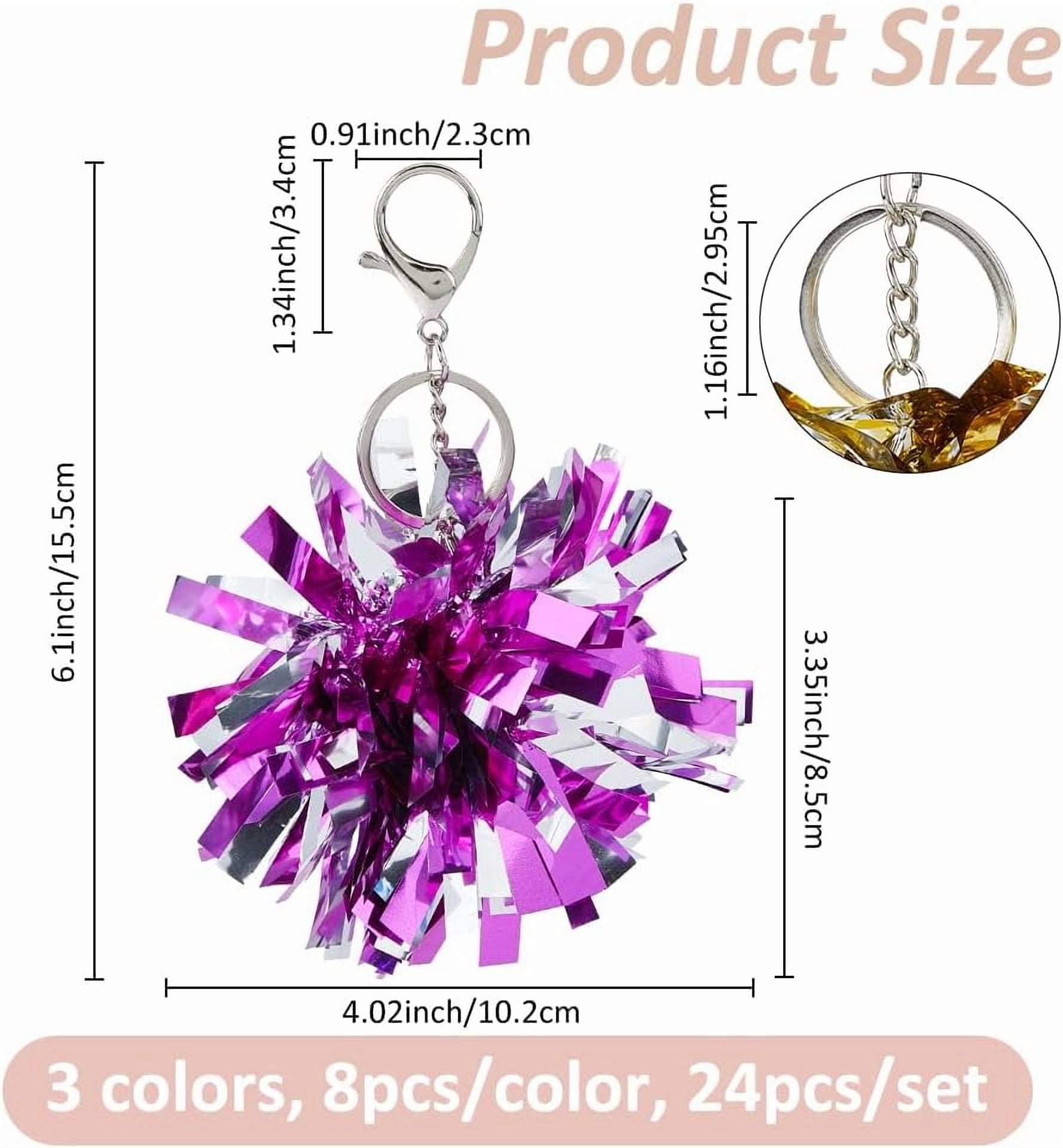 24Pcs 3 Colors Cheer Pom Pom Keychain Foil Cheerleader Keyring PE Cheerleading Keychain Cheer Keychain for Girls Women Cheer Bag Jewelry Accessories Cheer Camp Gifts