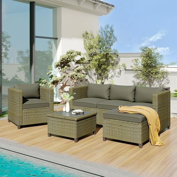 5 Piece Wicker Furniture Set, Outdoor Conversation Sofa Set, PE Rattan Sectional with Armchair, Coffee Table and Ottoman, for Patio, Backyard, Poolside, Deck, Gray, D6872