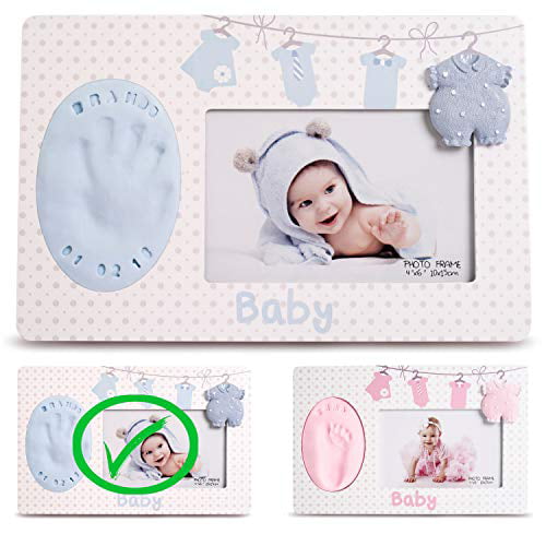 Baby Handprint Frame Kit and Footprint Mold with Clay and Name Stamps Blue Shower Gift 
