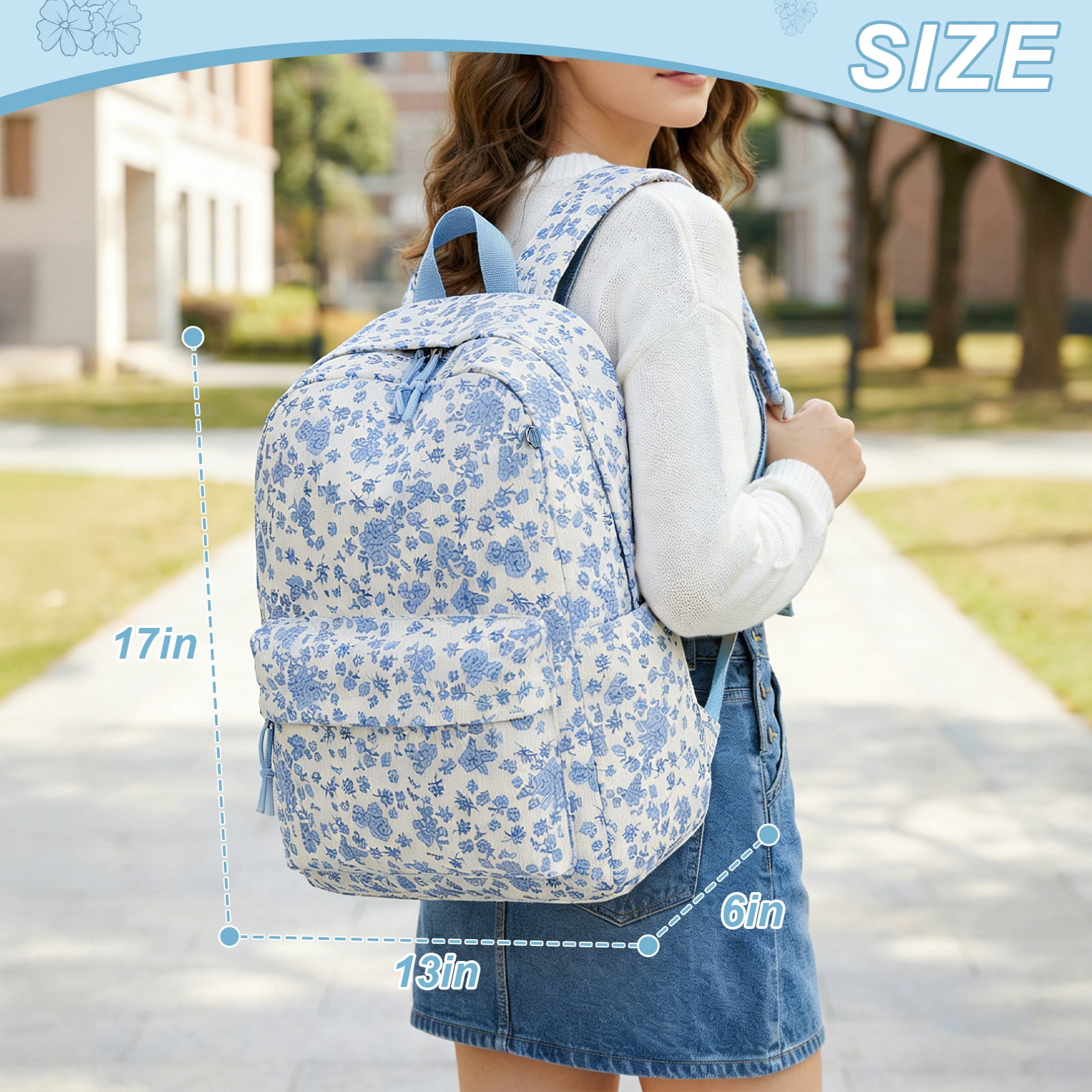 DAKIMOE School Backpack Large Capacity Bookbag Water-Resistant Laptop Backpacks for Teen adults, Lightweight Travel Daypack for Women Middle School College Blue Flower