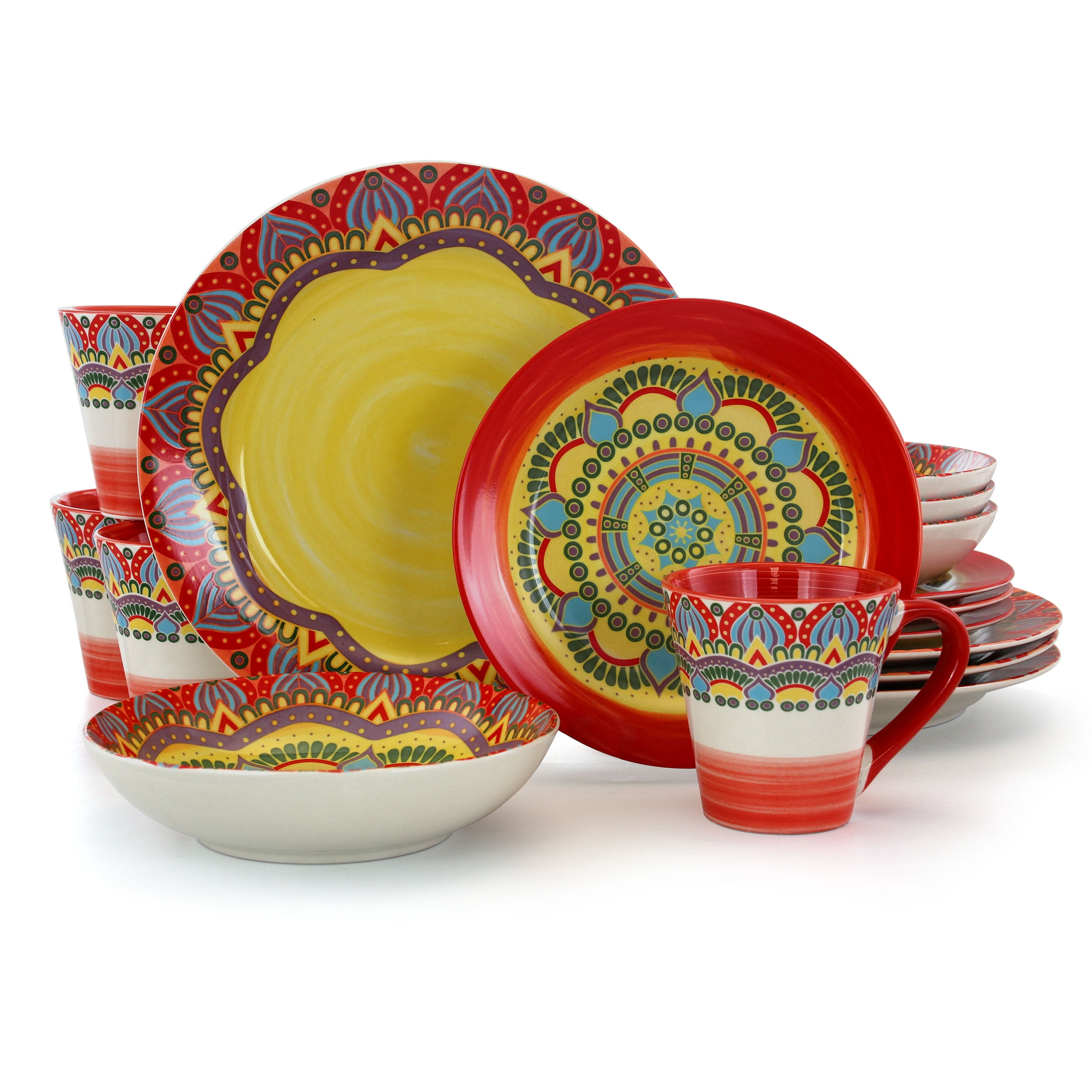 Elama Zen Red Multicolor Mozaik 16 Piece Round Stoneware Dinnerware Set for 4 