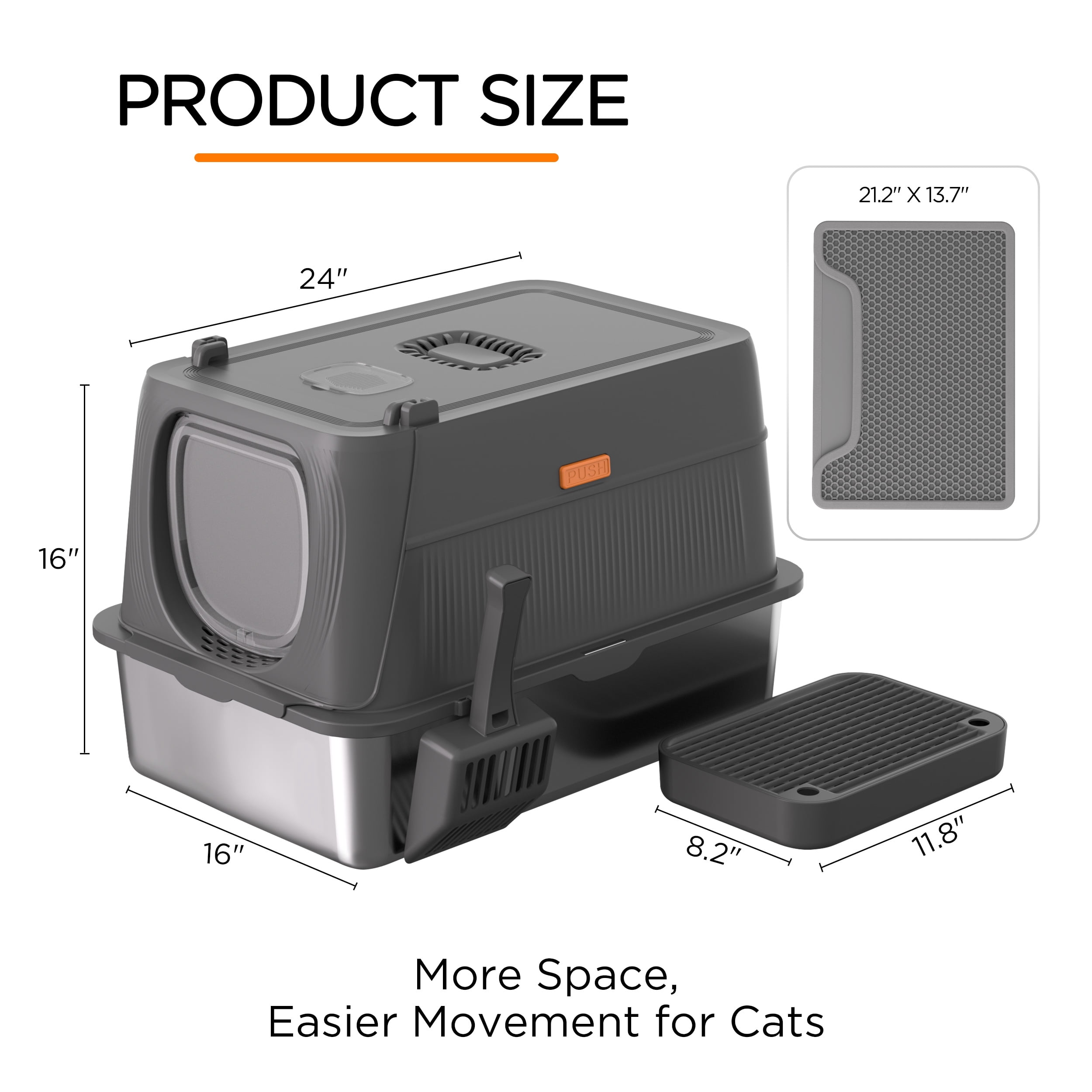 Kerhouze Stainless Steel Litter Box with Lid Enclosed Large Cat Litter Box with Poop Scooper Dark Gray