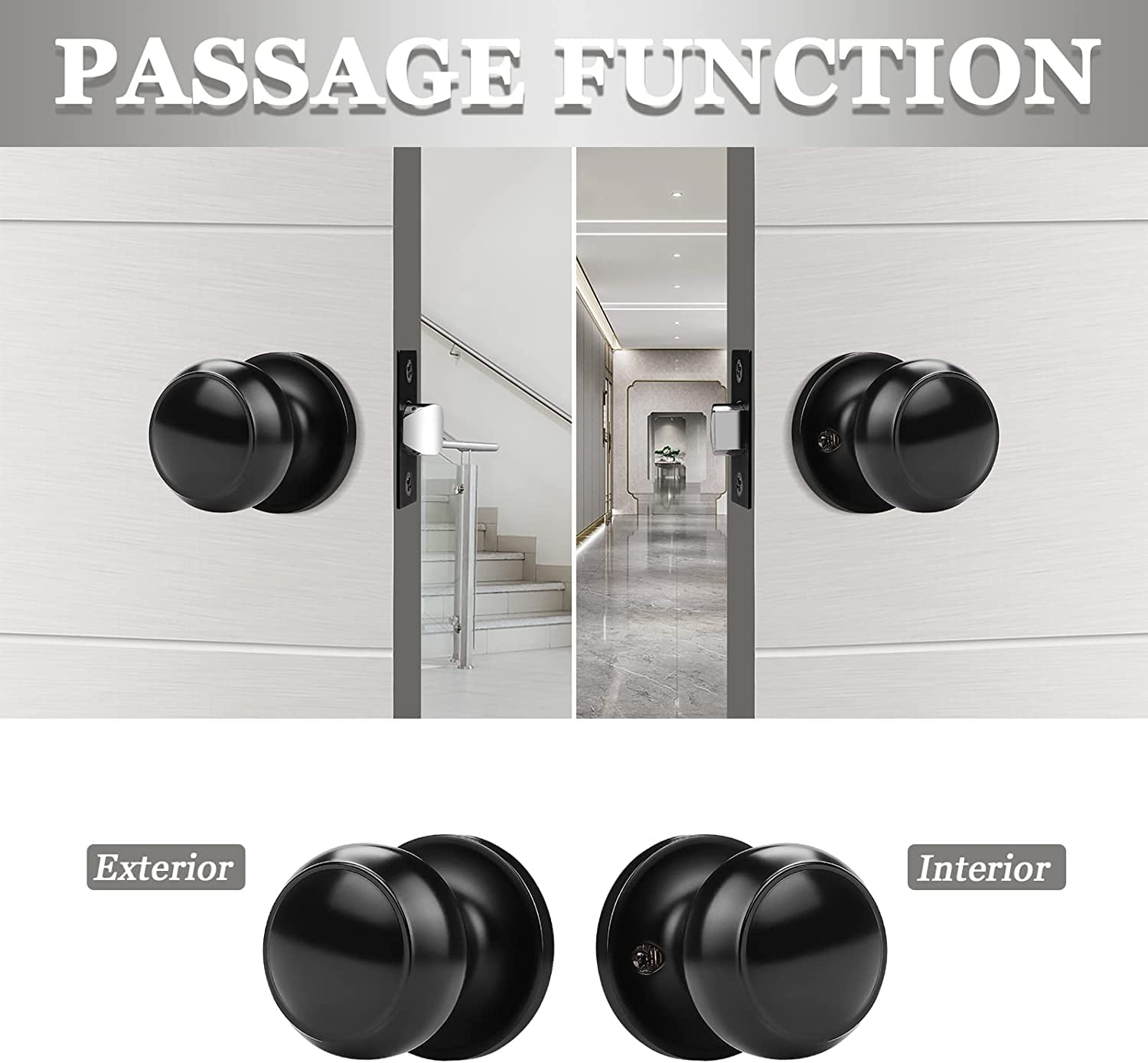 1 Pack Round Passage Door Knob(Non-Locking Knobs), Keyless Interior/Exterior Door Lockset,Passage Knobs for Hallway/Closet,Black Finish Modern Design Door Hardware