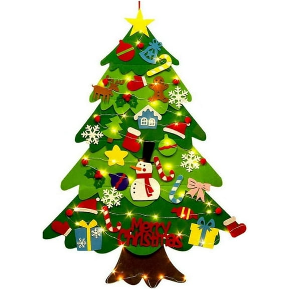 3.3 FT DIY Felt Christmas Tree with Led String Light, Wall Hanging Felt Christmas Tree with 32pcs Detachable Ornaments for Xmas Party Favors Gift